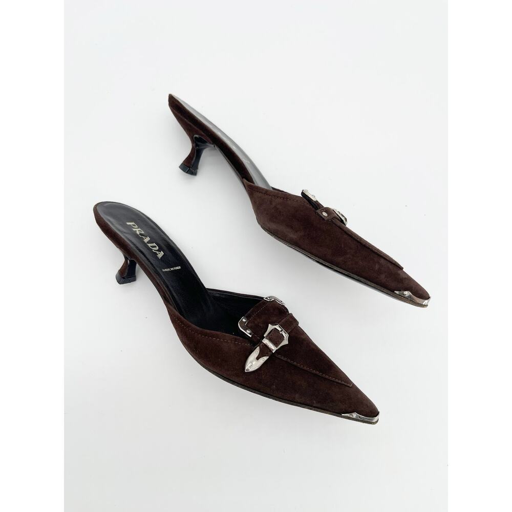Prada Retro Vintage Y2K Brown Suede Western Buckle Kitten Heel Mules IT 35 - Picture 4 of 10